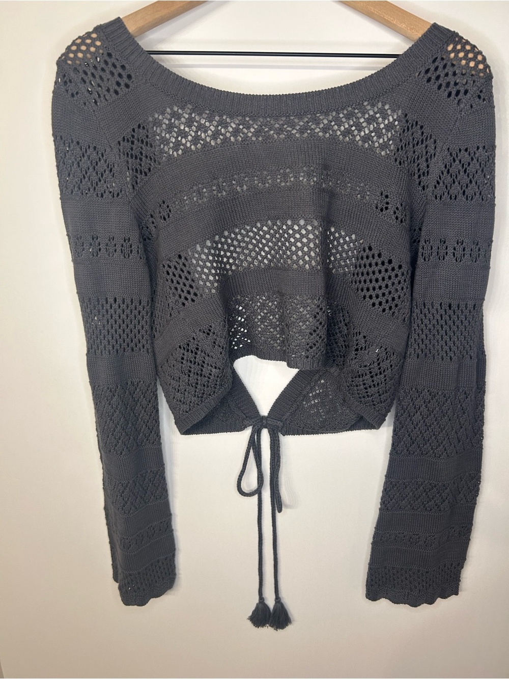 Aerie Women’s Green Reversible Crochet Wrap Sweater with Tassels, Size Small